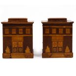 A PAIR OF MARQUETRY INLAID MONEY BOXES in the form of houses, each in the form of a puzzle box, 9.