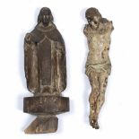AN 18TH OR 19TH CENTURY PAINTED CARVED FIGURE OF CHRIST CRUCIFIED 25cm high together with a carved