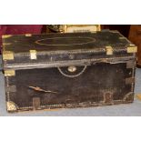 A 19TH CENTURY CAMPHOR WOOD LEATHER AND BRASS BOUND TRAVELLING TRUNK with brass studded decoration