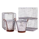 A PAIR OF GALVANIZED PIERCED SHELL FISH BUCKETS with wrought iron handles, 41cm diameter x 44cm high