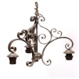 A WROUGHT IRON THREE BRANCH HANGING CEILING LIGHT approximately 43cm diameter x 36cm high At