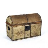 A 19TH CENTURY PONY HIDE COVERED DOME TOPPED STUDDED TRUNK with iron carrying handles to the side