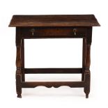 AN 18TH CENTURY OAK SIDE TABLE with single frieze drawers and drop handles, standing on turned