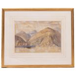 19TH CENTURY ENGLISH SCHOOL a rowing boat on a loch with mountains beyond, watercolour, signed