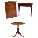 A 19TH CENTURY MAHOGANY FOLD OVER CARD TABLE with square tapering legs, 89cm wide; an oak tilt top
