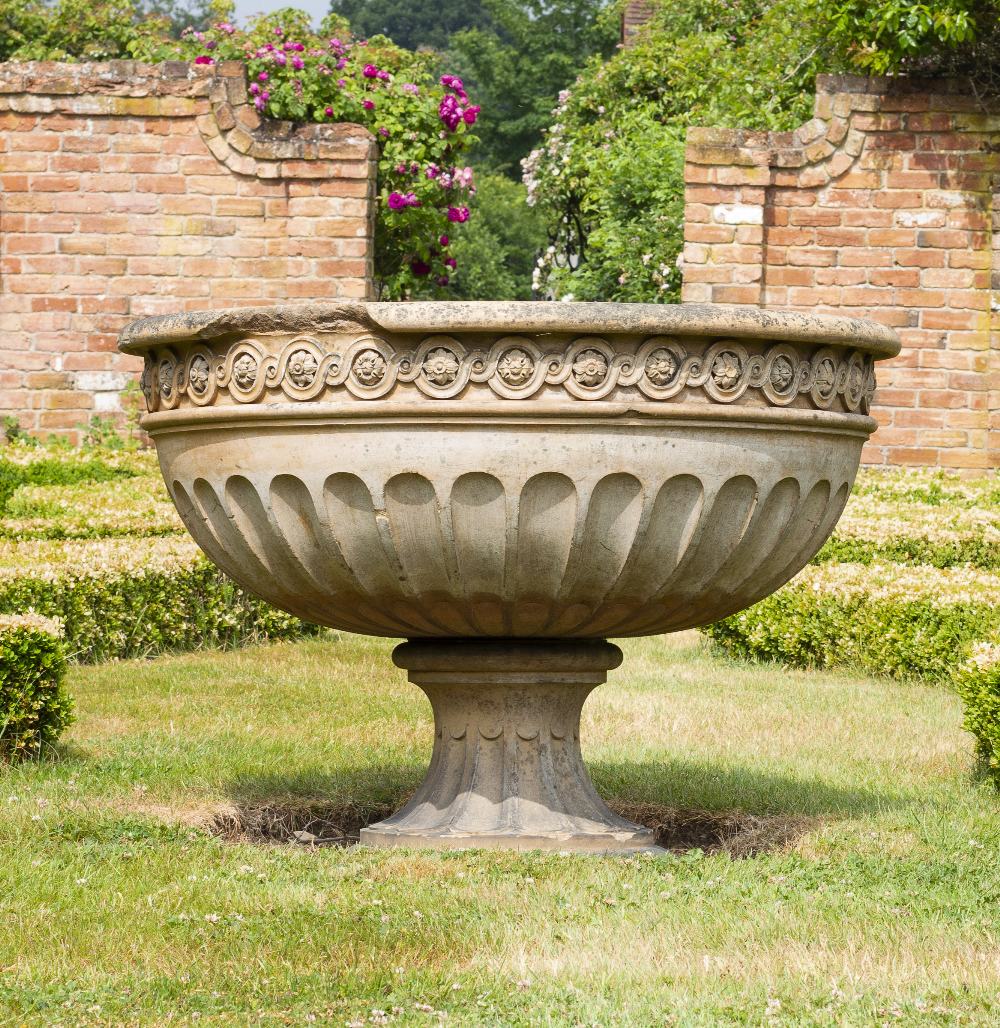 A VICTORIAN LARGE BUFF TERRACOTTA URN OR FOUNTAIN BOWL with guilloche banding and fluted - Image 3 of 10