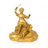 A 19TH CENTURY ORMOLU SCULPTURE OF A YOUNG CHILD with whip raised, on a log and with dog in
