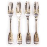 A SET OF FOUR GEORGE III FIDDLE PATTERN SILVER TABLE FORKS by Solomon Haugham, with stags head crest