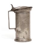 A CONTINENTAL DOUBLE LITRE PEWTER MEASURE with hinged lid and stamps to the lid and handle, 14cm