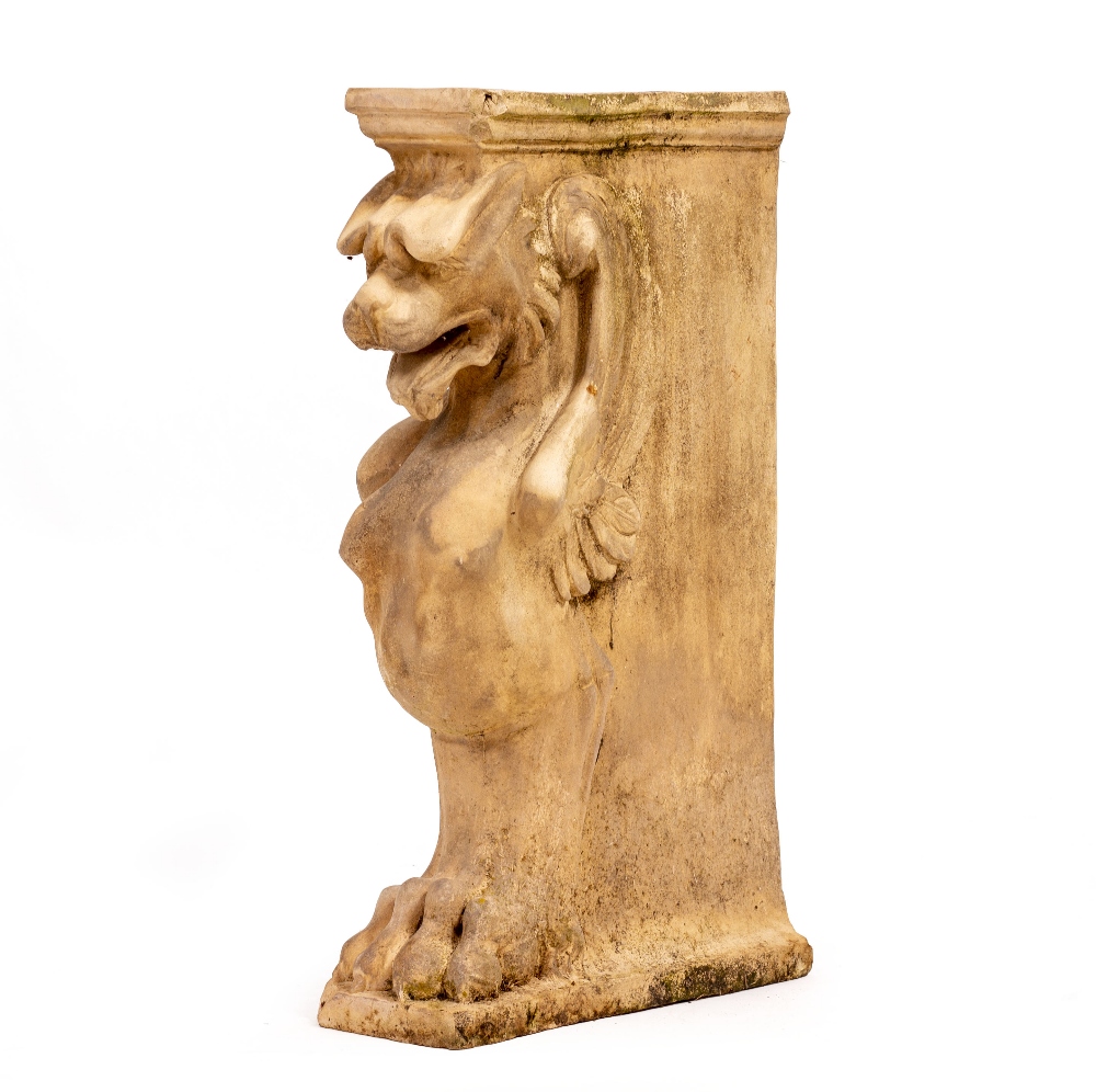 A VICTORIAN BUFF TERRACOTTA MONOPODIA with griffin term, 17cm wide x 37cm deep x 59.5cm high overall