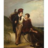 19TH CENTURY ENGLISH SCHOOL Two young men resting beside the sea, unsigned, oil on canvas, 36cm x