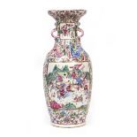 AN ANTIQUE CHINESE FAMILLE ROSE VASE of baluster form with figural warrior decoration, 61cm high