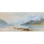 A PAIR OF MOUNTAIN LAKE SCENES watercolours, signed Lewis, each 17.5cm x 44cm; a further mountain