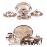 A COLLECTION OF SILVER PLATE consisting of a pair of oval entree dishes, 30cm wide together with