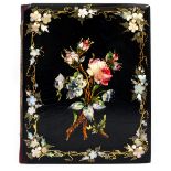 A VICTORIAN PAPIER MACHE BOUND ALBUM the cover decorated with mother of pearl and flowers, the album