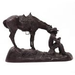 ROFER (?) Bronze figure of a cowboy, 30cm long x 20cm high together with a Victorian watercolour