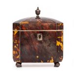 AN EARLY 19TH CENTURY TORTOISE SHELL TEA CADDY with canted corners, steel urn finial, steel ball