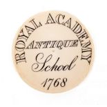 A VICTORIAN IVORY ROYAL ACADEMY ANTIQUE SCHOOL 1768 ADMISSION TOKEN awarded to C Phillott 18th