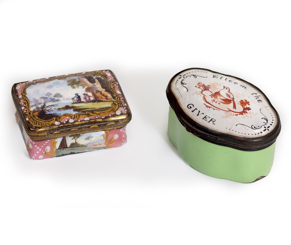 AN ANTIQUE ENAMEL SNUFF BOX painted with landscapes within cartouches to the lid and sides, with