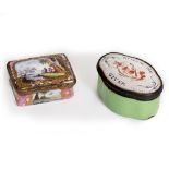 AN ANTIQUE ENAMEL SNUFF BOX painted with landscapes within cartouches to the lid and sides, with