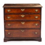 A SMALL SIZE GEORGE III MAHOGANY CHEST OF FOUR LONG GRADUATED DRAWERS standing on bracket feet, 85cm