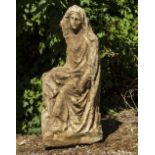 A CAST RECONSTITUTED STONE SCULPTURAL PLAQUE of a female in classical clothes, 57cm wide x 27cm deep