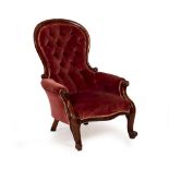 A VICTORIAN MAHOGANY PINK UPHOLSTERED BUTTON BACKED ARMCHAIR 72cm x 100cm Condition: Wear to