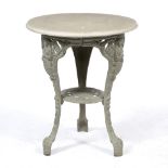 A CAST IRON CIRCULAR PUB TABLE with wooden top, each leg cast with a figure of Britannia, 60cm