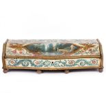 AN ITALIAN PAINTED DRESSING TABLE BOX with serpentine lid, painted with vignettes of landscapes