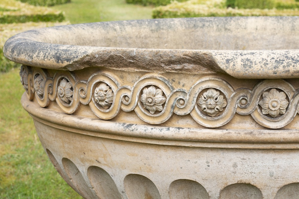 A VICTORIAN LARGE BUFF TERRACOTTA URN OR FOUNTAIN BOWL with guilloche banding and fluted - Image 7 of 10