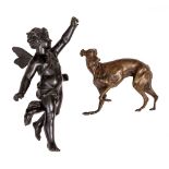 A SMALL BRONZE SCULPTURE OF A WHIPPET 14cm wide together with an antique spelter figure of a