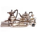 A SMALL QUANTITY OF SILVER PLATE consisting of a tea and coffee service, a toast rack, a pierced