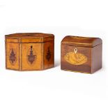 AN EARLY 19TH CENTURY SATINWOOD OCTAGONAL TEA CADDY with decorative crossbanded decoration and