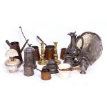 A COLLECTION OF VARIOUS PEWTERWARE to include a lidded tankard, a wine ewer, copper coffee jug, a