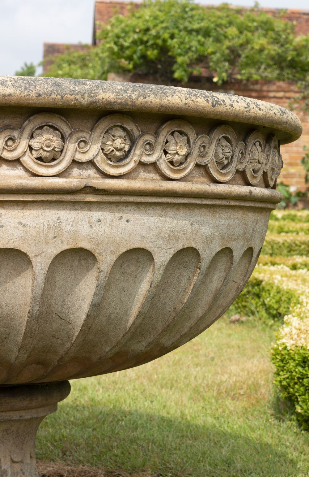 A VICTORIAN LARGE BUFF TERRACOTTA URN OR FOUNTAIN BOWL with guilloche banding and fluted - Image 6 of 10