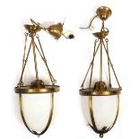 A PAIR OF MODERN HANGING LAMP with glass shades and lacquered brass mounts, approximately 21cm