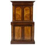 A 19TH CENTURY WALNUT AND ASH BURR WOOD VENEERED SECRETAIRE CABINET the frieze drawer above