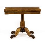 A VICTORIAN BURR OAK FOLD OVER TEA TABLE with serpentine top, octagonal baluster support and four