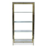 A WHITE AND YELLOW METAL FLOOR STANDING SET OF RECTANGULAR OPEN SHELVES with five glass shelves