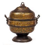 A 19TH CENTURY TOLEWARE PURDONIUM with ornate painted decoration and fruit adorned handles, 60cm x