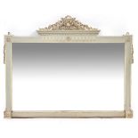 A RECTANGULAR HANGING WALL MIRROR with grey and cream painted decoration to the classically inspired