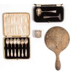 A MIXED LOT OF ANTIQUE AND LATER SILVER to include a cigarette case, a cigarette box, an ashtray,