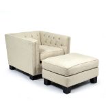 A CONTEMPORARY SQUARE DEEP BUTTON UPHOLSTERED ARMCHAIR with ebonised block feet, 90cm wide x 93cm