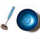 A MEKA DANISH STIRLING SILVER AND BLUE ENAMEL SALT AND SPOON the bowl 5cm diameter x 2.5cm high