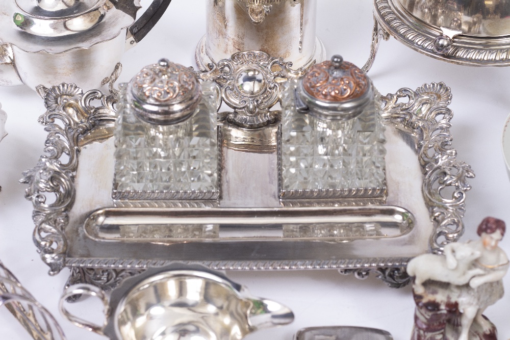 A VICTORIAN ELECTROPLATE DESK STAND with hobnail cut inkwells and pierced decoration, a dented - Image 2 of 8