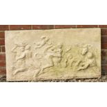 A CAST RECONSTITUTED STONE PLAQUE depicting classical figures wrestling in the sea, 95cm wide x 51cm