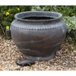 A CHINESE CAST BRONZE PLANTER OR FISH BOWL with carp handles, 39cm diameter x 46cm high Condition: