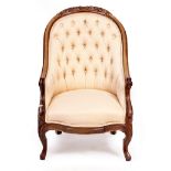 AN 18TH CENTURY FRENCH STYLE WALNUT BUTTON UPHOLSTERED TUB CHAIR