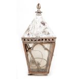 A CHAPEL LANTERN with Gothic style decoration and with wrought iron bracket, the lantern 38cm square