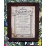A 19TH CENTURY FRAMED PRINT of the 'Rules of be Observed by this Family', 40cm x 30cm and an